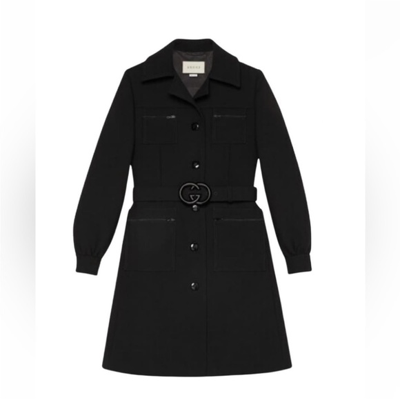 GUCCI black wool jacket large logo belt button down cuff long coat Luxury NWT - Picture 14 of 16